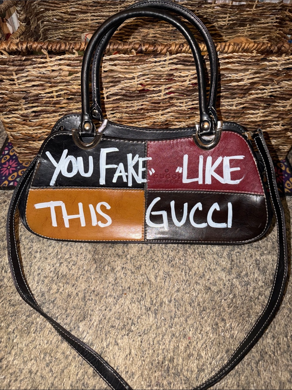 “You Fake Like This Gucci” patchwork satchel